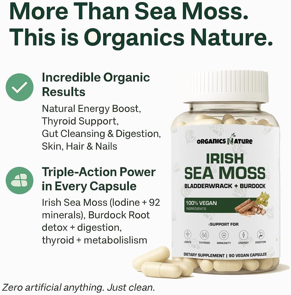ORGANICS NATURE Irish Sea Moss Capsules 45 Servings | High Potency Seamoss Pills | Dr. Sebi Approved Sea Moss for Energy 90 Vegan Capsules