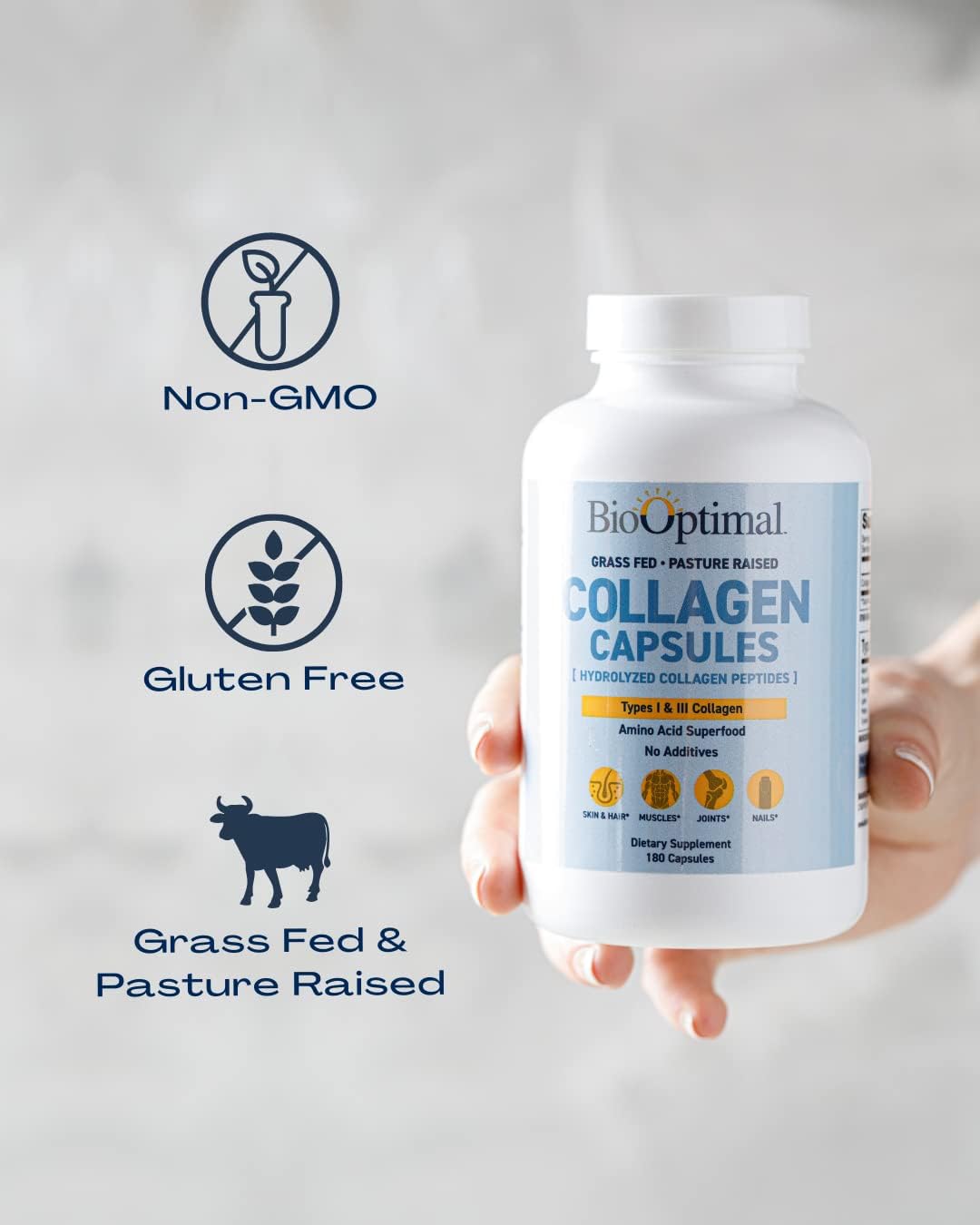 BioOptimal Collagen Peptides Capsules - Grass-Fed, Pasture-Raised Hydrolyzed Protein Supplement for Skin, Hair, & Nails - Non-GMO, Zero Sugar Daily Pills for Men & Women (180 Capsules)