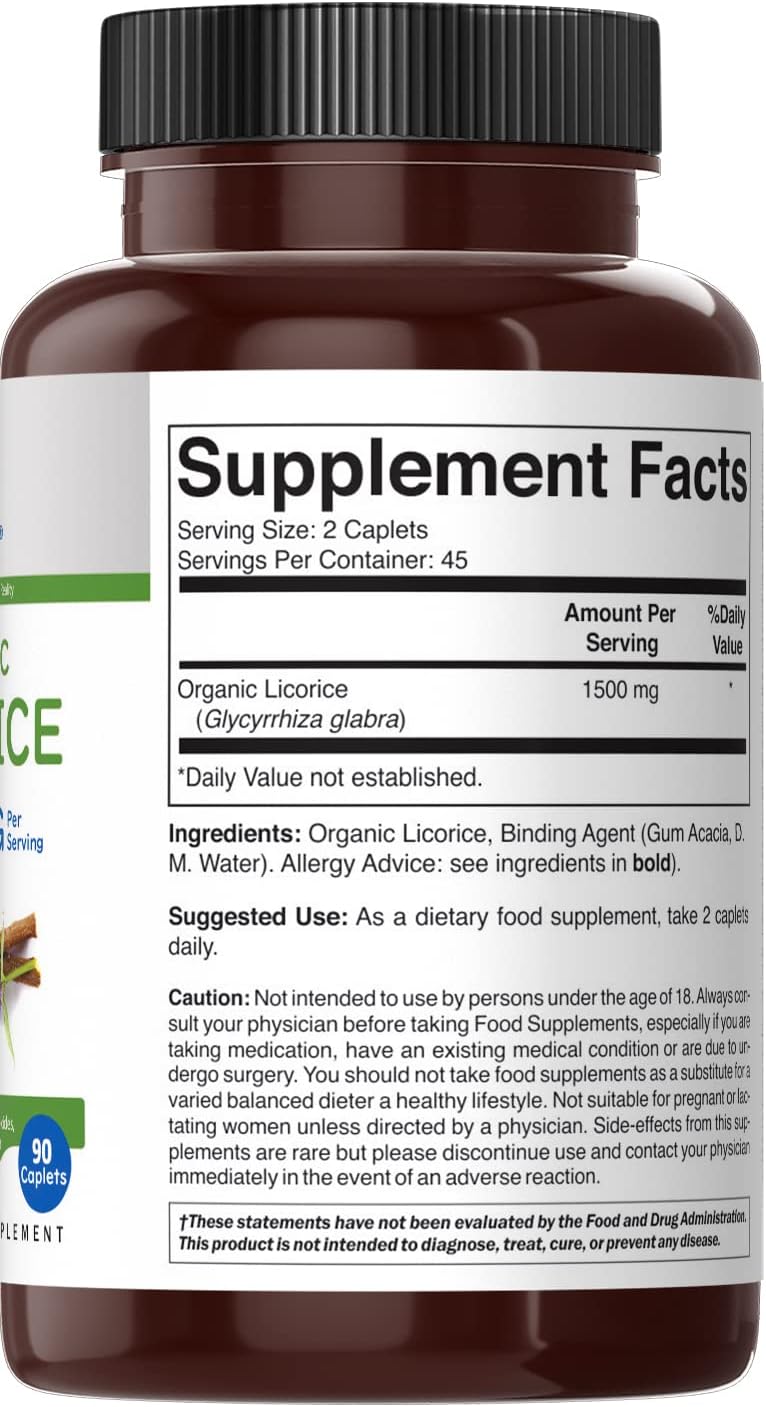Brieofood Organic Licorice 1500mg, 45 Servings, Vegetarian, Gluten Free, 90 Vegetarian Tablets