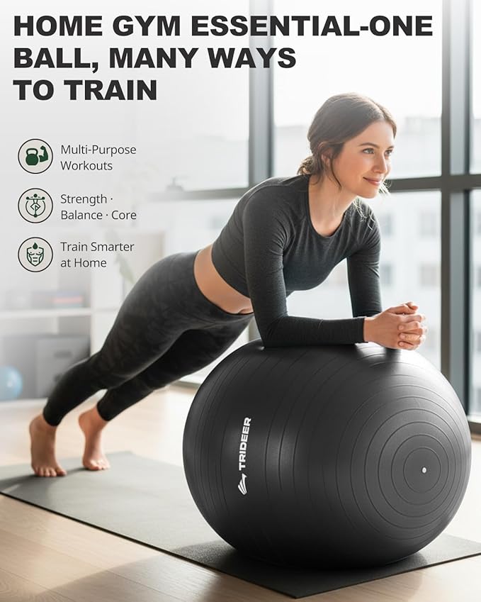 Trideer Exercise Ball for Yoga, Pilates & Fitness – Stability Ball Equipment for Home Gym & Office Chair, Core & Balance Training Accessories, Physical Therapy Equipment, Quick Pump Included, 5 Sizes