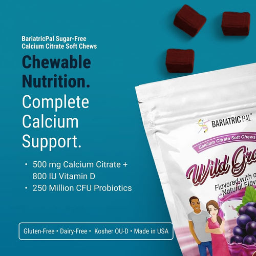 BariatricPal Sugar-Free Calcium Citrate Soft Chews | 500mg with Vitamin D & Probiotics | Wild Grape | 90 Count (1 Month Supply)