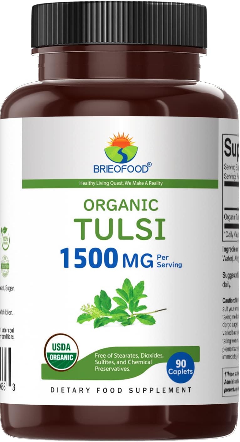 Brieofood Organic Tulsi (Holy Basil) 1500mg, 45 Servings, Vegetarian, Gluten Free, 90 Vegetarian Tablets