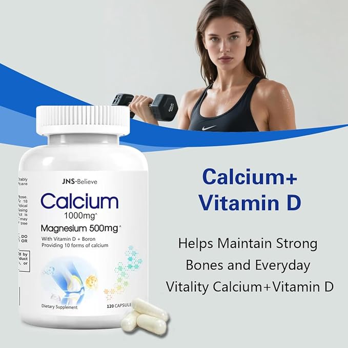 Calcium Magnesium Supplement, Daily Supplement for Bone and Immune Health, with Vitamin D, 1000mg Calcium, 500mg Magnesium, Gluten -Free, 120 Capsules