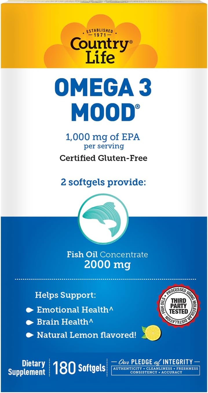 Country Life Omega 3 Fish Oil Supplement - High Concentration EPA and DHA Omega 3 Fatty Acids - 2000mg Fish Oil for Emotional Health, Mood Support, and No Fish Taste - Natural Lemon Flavor