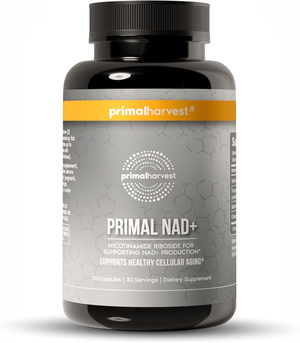 Primal Harvest NAD+ Supplement: Nicotinamide Riboside, Trans-Resveratrol, Betaine, CoQ10, NAD Supplements for Cellular Health, Energy, and Mitochondrial Support (60 Count (1 Pack))