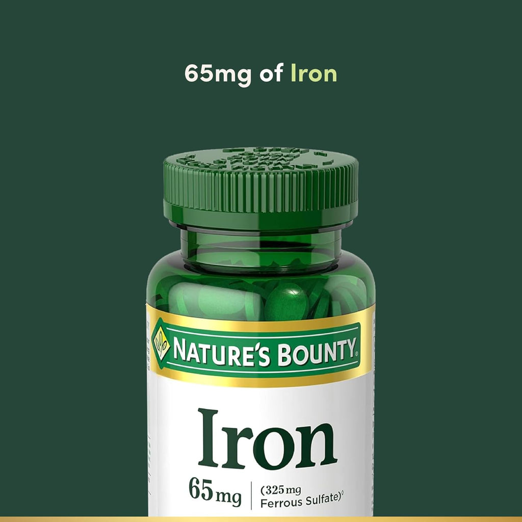 Nature’s Bounty Iron 65mg, 325 mg Ferrous Sulfate, Cellular Energy Support, Promotes Normal Red Blood Cell Production, 1 Serving Per Day, Gluten Free, 100 Vegetarian Tablets