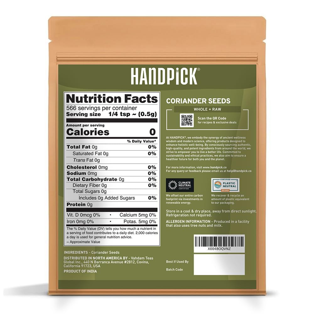 HANDPICK Whole Coriander Seed (283g/10oz) Premium Grade | Pure & Flavorful Coriander Seeds - Indian Origin | Non GMO, Gluten Free | Perfect for Cooking & Seasoning | Resealable Ziplock Pouch