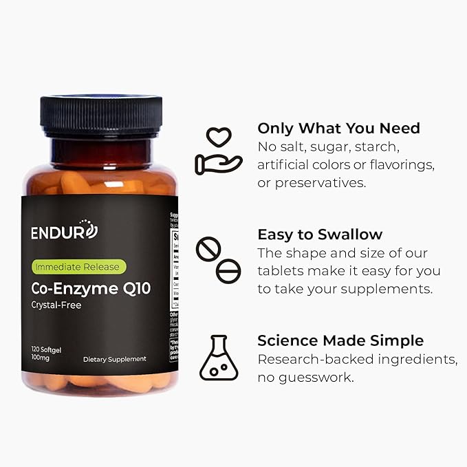 Endurance Products Endur Crystal-Free Co-Enzyme Q10, Heart & Antioxidant Defense Supplement, Helps Support Energy Production, Gluten Free, 100mg (120 Softgels)