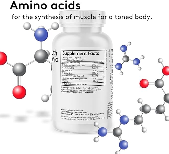 Youth & Tonic PM Bedtime Trim for Lean Appearance & Muscle Definition Support – Nighttime Amino Acids Supplement for Overnight Recovery, Men & Women, 30 Capsules