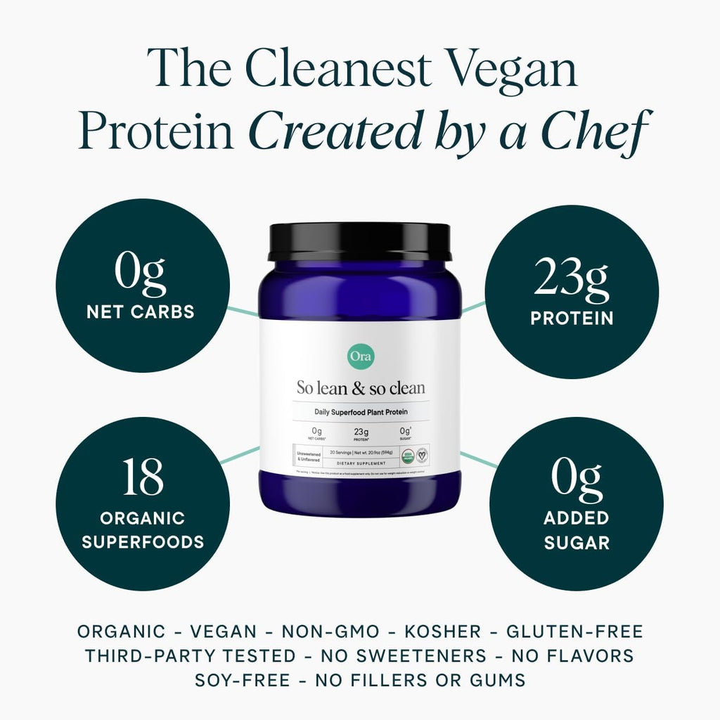 Ora Organic Vegan Protein Powder - 23g Plant Based Pea Protein + Superfood for Women and Men - Unsweetened & Unflavored - 20 Servings, No Erythritol, Keto-Friendly, Gluten-Free, Paleo, Soy-Free
