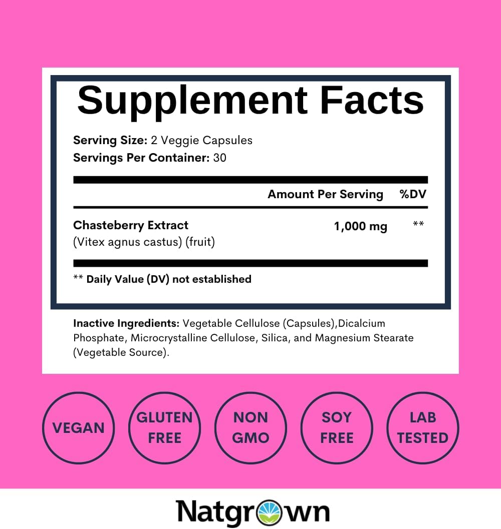 Natgrown Vitex Chasteberry Supplement for Women 1,000 mg - Agnus Castus Chaste Tree Vitex Berry Fruit Extract Capsules - 60 Ct