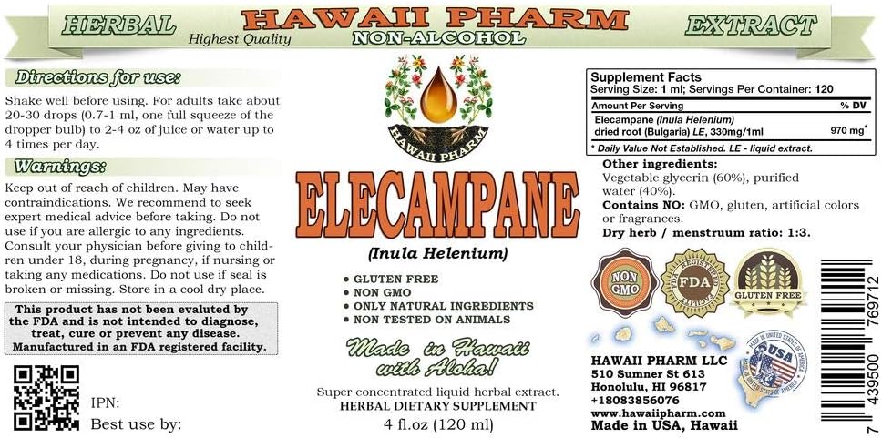 Elecampane Alcohol-Free Liquid Extract, Organic Elecampane (Inula Helenium) Dried Root Glycerite Hawaii Pharm Natural Herbal Supplement 4x4 oz