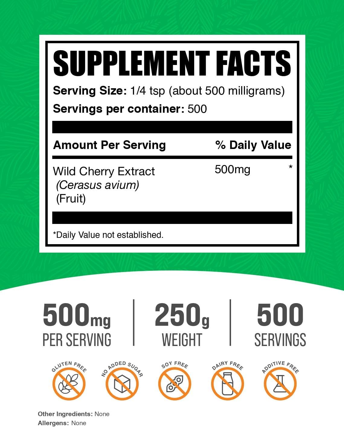 BulkSupplements.com Wild Cherry Extract Powder - Cherry Supplement, Herbal Supplement - Gluten Free, 500mg per Serving, 250g (8.8 oz) (Pack of 1)