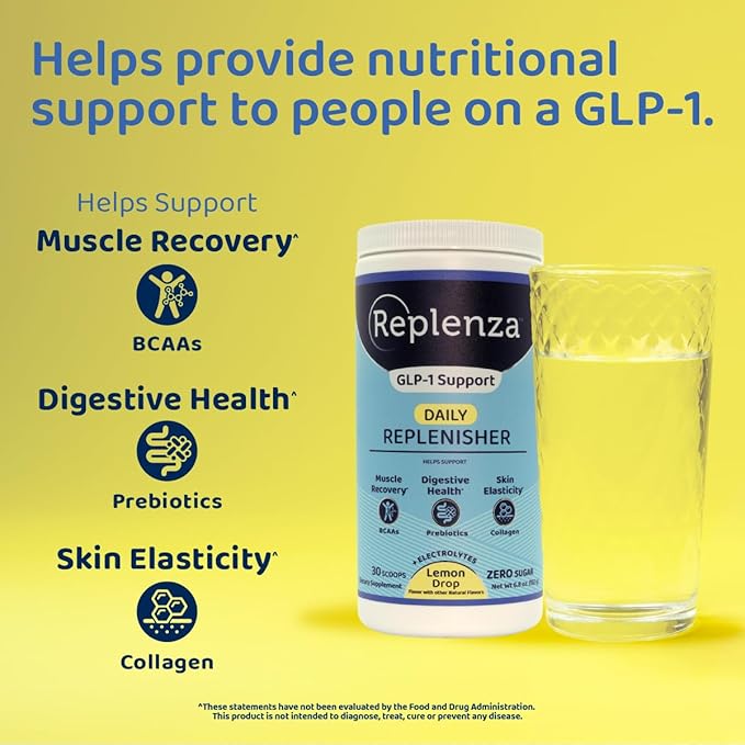 Replenza Daily Replenisher GLP-1 Nutritional Support, Powder, Muscle Recovery, Digestive Health & Skin Elasticity Mix of Amino Acids, Prebiotics and Collagen Peptides – Lemon Flavored, 3 Pack