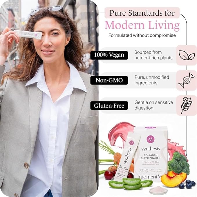 momentM Synthesis Plant Based Collagen for Women & Men - Peptides Powder for Hair, Skin, Nails and Joints - Vegan Hydrolyzed Collagen Peptides Powder with VEGCOL® - Peach Iced Tea (30 Stick Packs)
