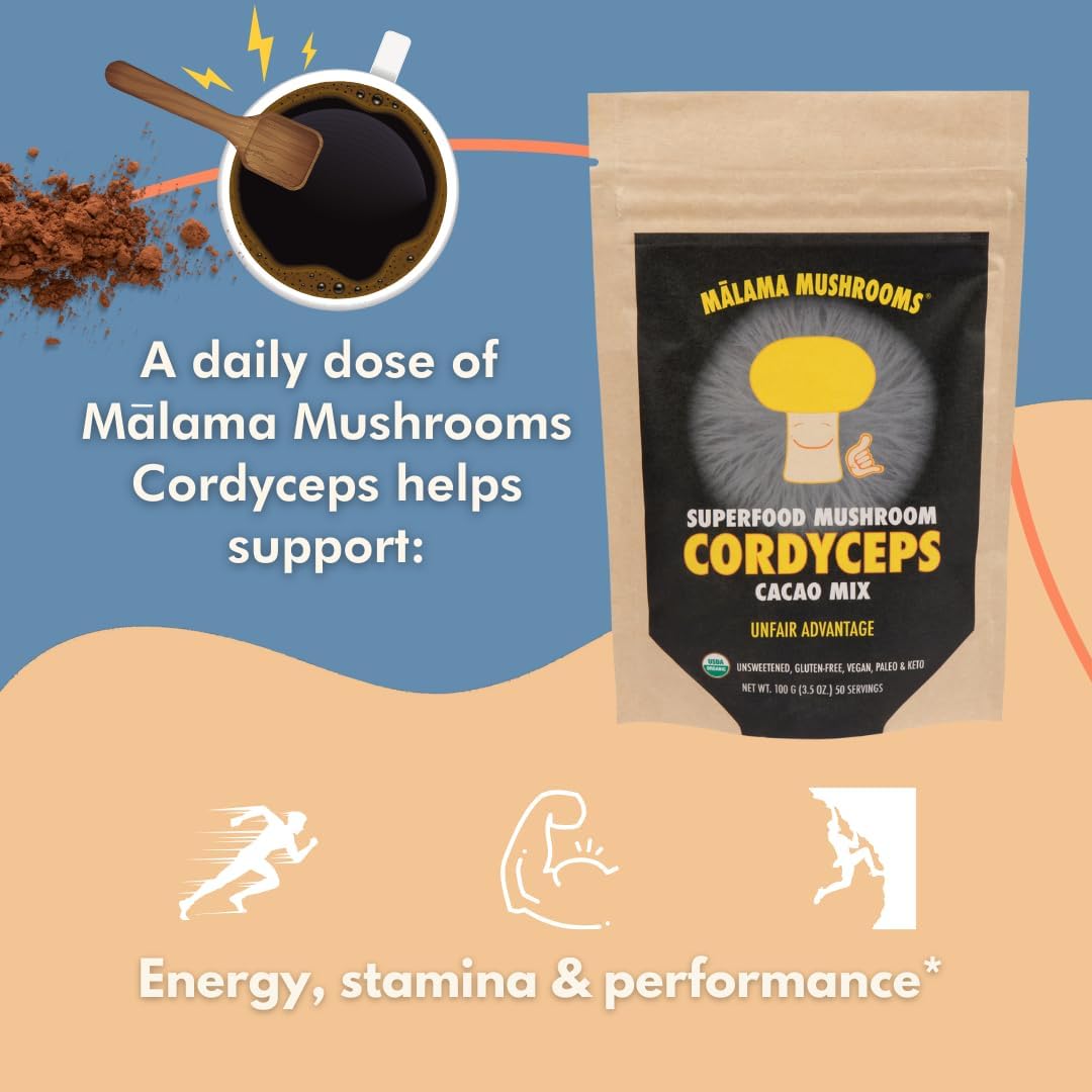 Malama Organic Mushroom Hot Cacao Mix, Cordyceps Mushroom Powder with Fair Trade Cacao, Supports Energy & Immune Health – Vegan Supplement & Superfood, Non GMO, 3.5 oz (50 Servings)