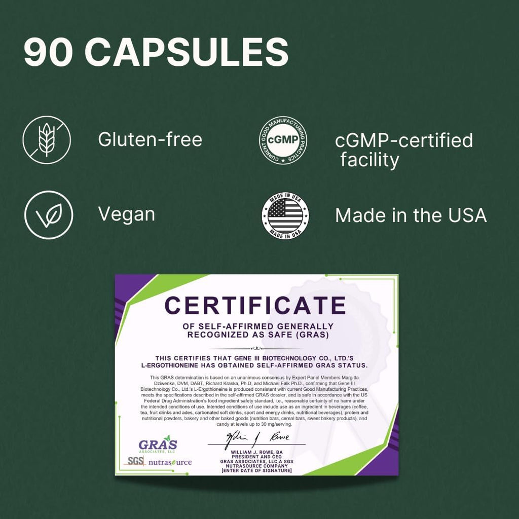 L-Ergothioneine Supplement, 30mg(EGT)/Serving, 6X Ergothioneine Mushroom Extract Supplements Longevity, Immune Support, Heart Health & Brain Supplement, Lab Tested, Made in USA (90 Servings)