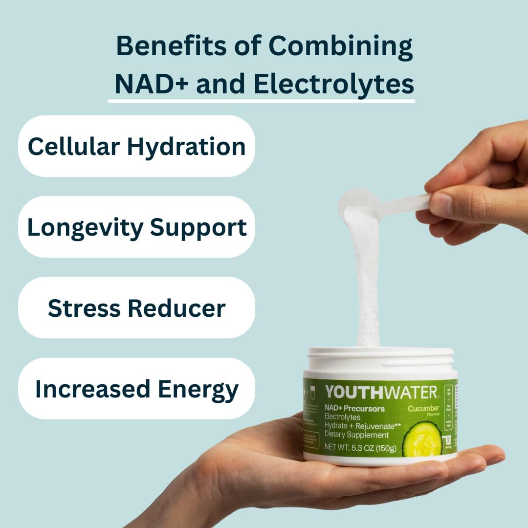 NAD+ Electrolyte Powder – Cellular Hydration & Longevity Support – Cucumber Flavor – 5 Calories, No Added Sugar, Non-GMO, Essential Vitamins & Minerals – 30 Servings