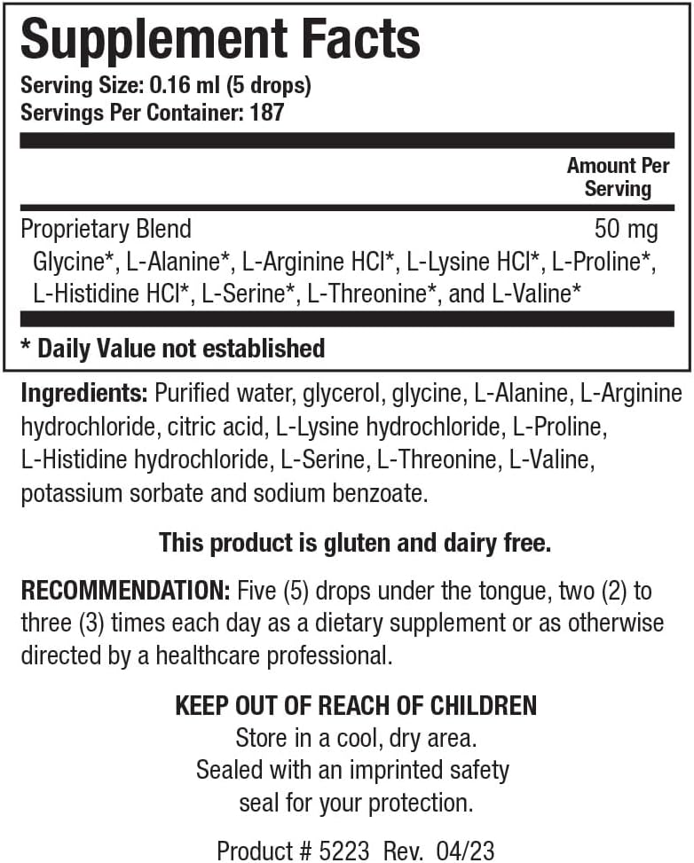 Biotics Research Amino Acid Quick Sorb Liquid Formula, Highly Absorbed, Glycine, L Alanine, L Arginine HCl, L Lysine HCl, L Proline, L Histidine HCl, L Serine, L Threonine, L Valine, 2 Fluid Ounces