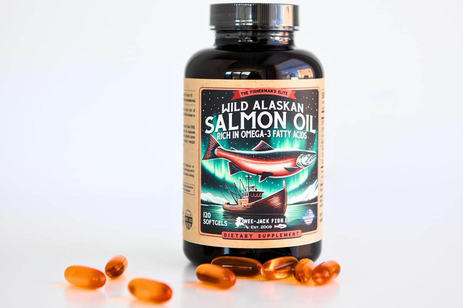 Wild Alaskan Salmon Fish Oil Omega 3 Supplement for Humans | EPA and DHA | Kwee-Jack Fish Co. | 120 Softgels 1000mg Salmon Oil