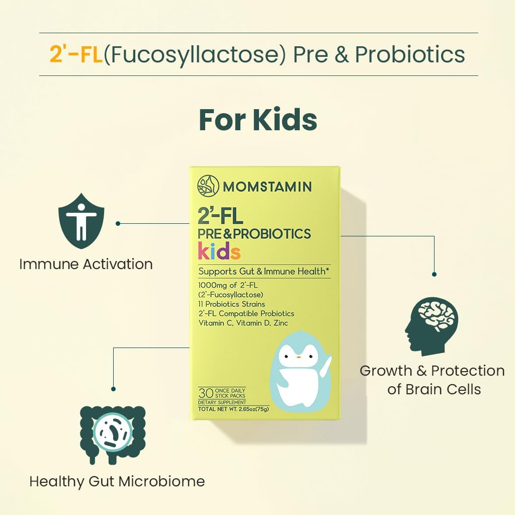 MOMSTAMIN 2'-FL HMO Prebiotics & Probiotics for Kids, 1000mg Human Milk Oligosaccharide 2'-FL Powder, Patented 11 Strains, Healthy Gut Microbiome, Immune & Digestive Supplement, IBS Relief - 30 Sticks