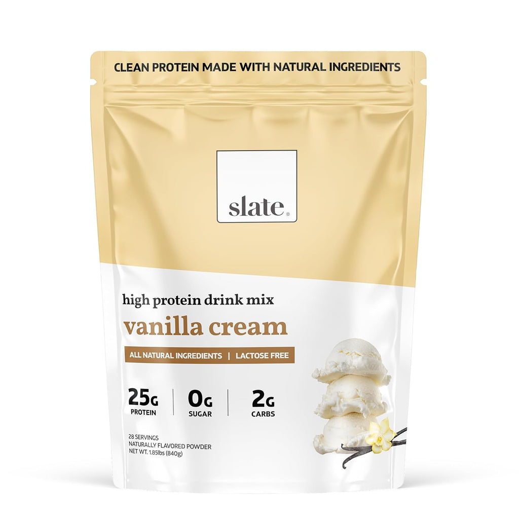 Slate Milk -High Protein Drink Mix Powder -Vanilla Cream,28 Servings Bag - Lactose Free,25g Protein,0g Sugar,105 Calories,2g Carbs,All Natural Ingredients - Breakfast Boost - Post Workout -1.85 lbs