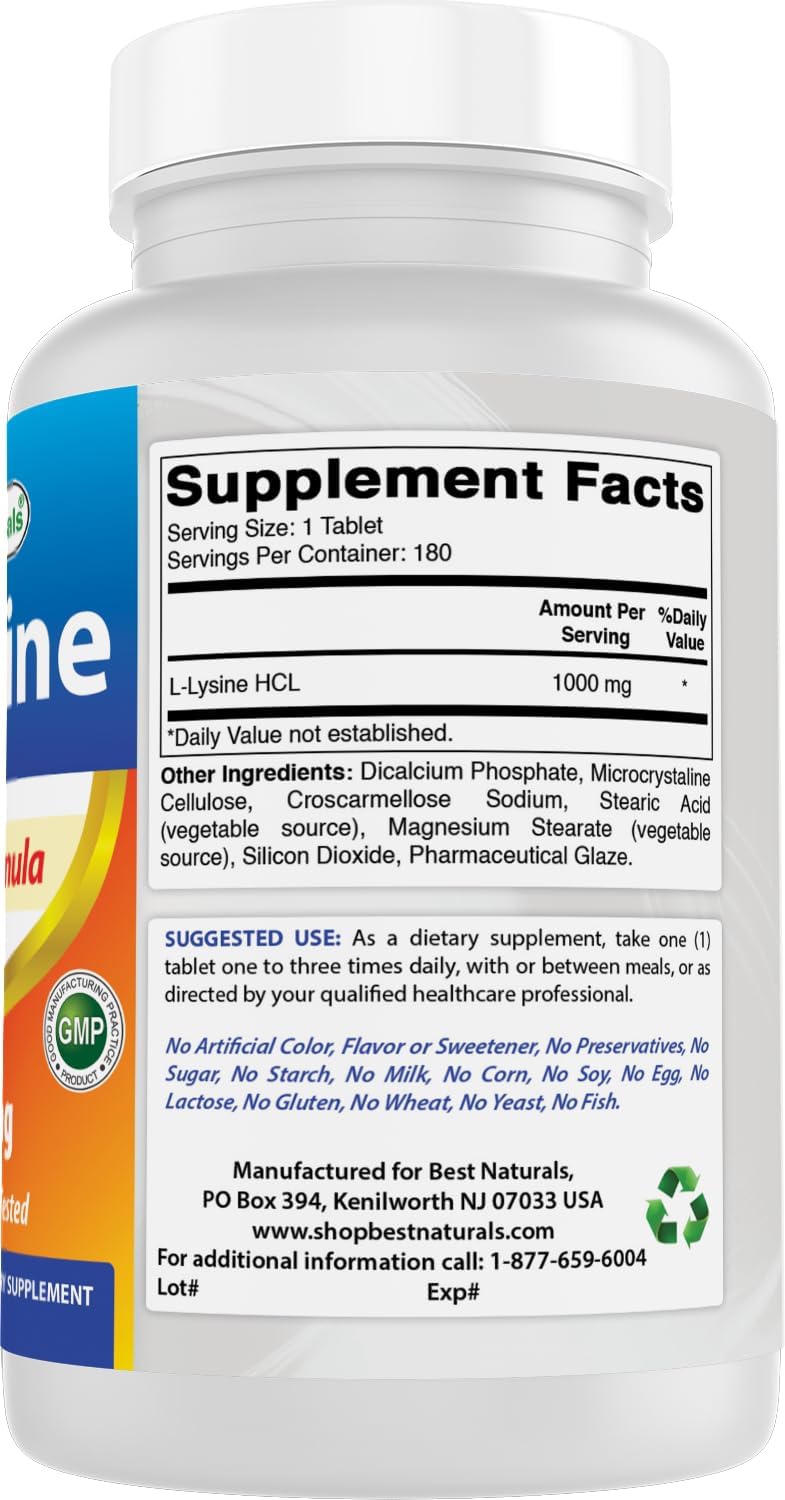 Best Naturals L-Lysine 1000mg 180 Tablets (180 Count (Pack of 1)) (3 Bottles)