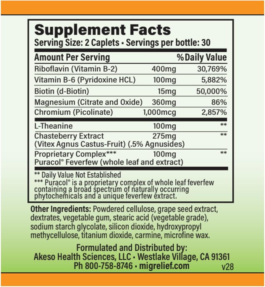 MigreLief+M – Advanced Nutritional Support Supplement for Women’s Neurological Health and Head Comfort – 60 Caplets (1-Month Supply)