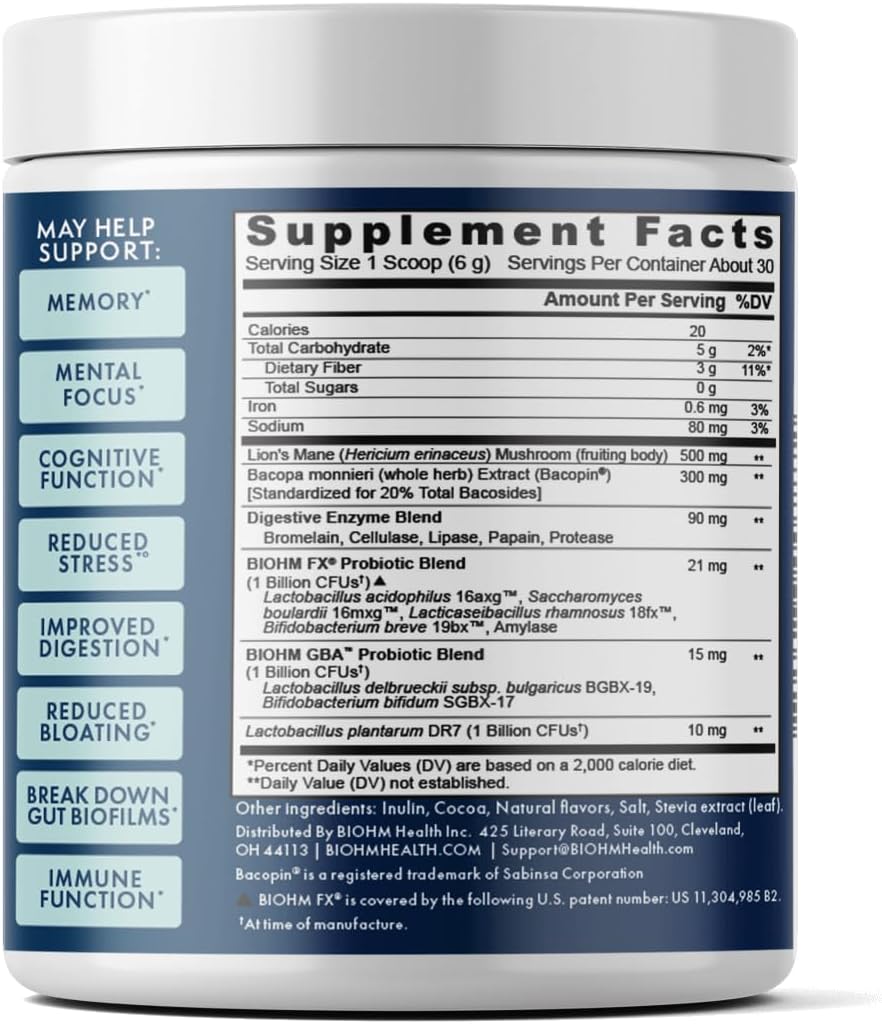 BIOHM Gut-Brain Connection Memory & Focus Supplement (6.74 Oz, 30 Servings) Supports Gut Health & Cognitive Well-Being, Helps Enhance Mood, Probiotics, Lion's Mane & Bacopa Monneiri, Chocolate Flavor