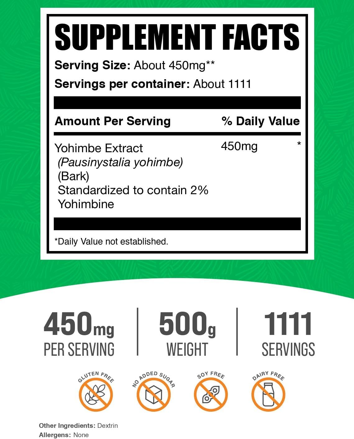 BulkSupplements.com Yohimbe Extract Powder - Yohimbe Bark Extract - Herbal Supplement, Gluten Free, 450mg per Serving, 500g (1.1 lbs) (Pack of 1)