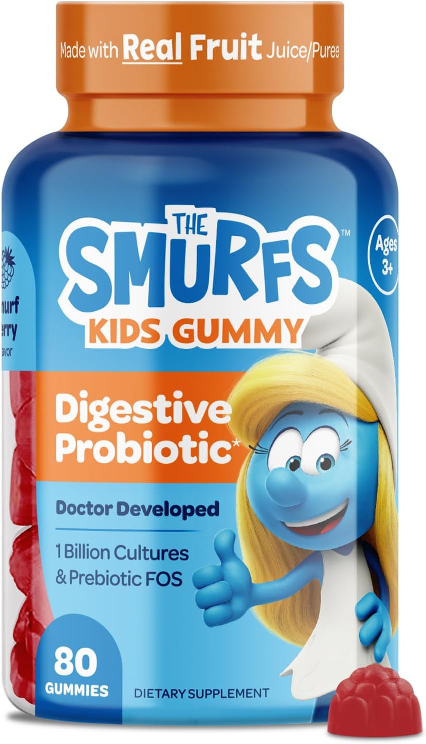 The Smurfs Kids Probiotic Gummies with 1 Billion CFU Probiotics & Prebiotics Chewable Probiotic Kids for Digestive Support, Healthy Gut & Immune Health | Ages 3+ | Made with Real Fruit | 80 Count
