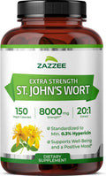Zazzee Extra Strength St. John’s Wort 20:1 Extract, 8000 mg Strength, 0.3% Hypericin, 150 Vegan Capsules, 5 Month Supply, Concentrated, Standardized 20X Extract, 100% Vegetarian, Non-GMO, All-Natural