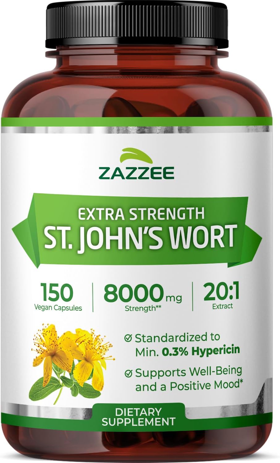 Zazzee Extra Strength St. John’s Wort 20:1 Extract, 8000 mg Strength, 0.3% Hypericin, 150 Vegan Capsules, 5 Month Supply, Concentrated, Standardized 20X Extract, 100% Vegetarian, Non-GMO, All-Natural