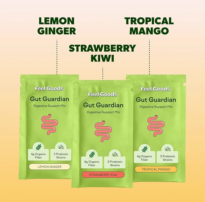 Feel Goods Gut Guardian, Digestive Health Powder Packets - Probiotic Fiber Powder with Prebiotics & L Glutamine for Gut Health, Bloating Relief & Digestion Support - Zero Sugar & Organic Flavor