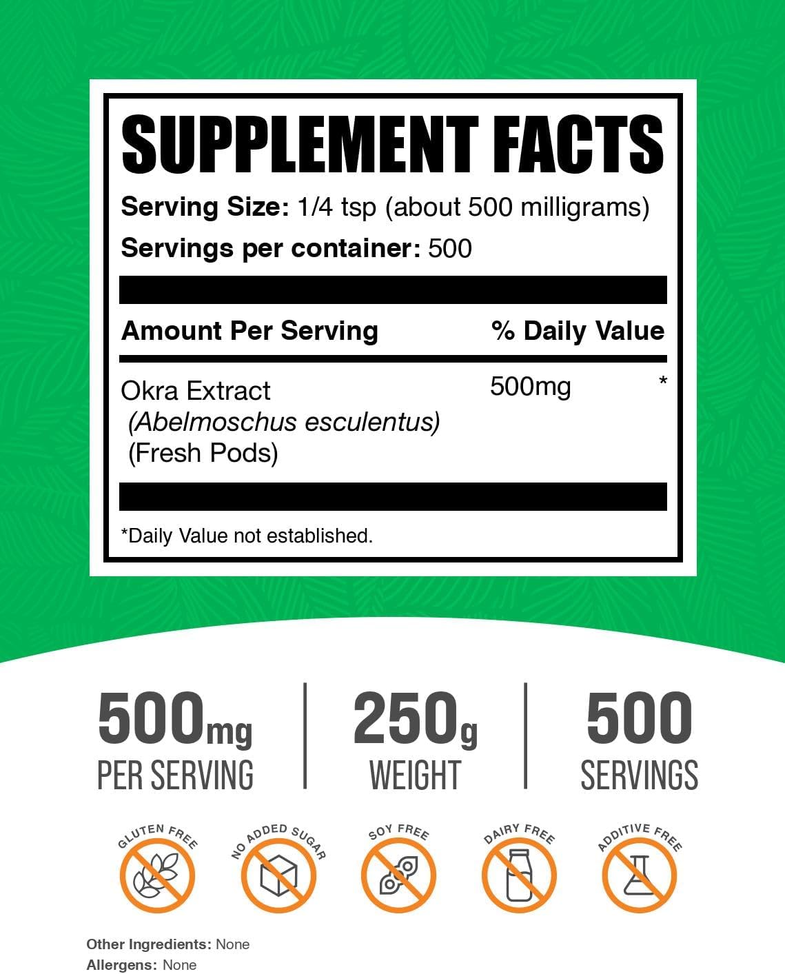 BulkSupplements.com Okra Extract Powder - Okra Supplement, Source of Fiber, Herbal Supplement - Vegan & Gluten Free, 500mg per Serving, 250g (8.8 oz) (Pack of 1)