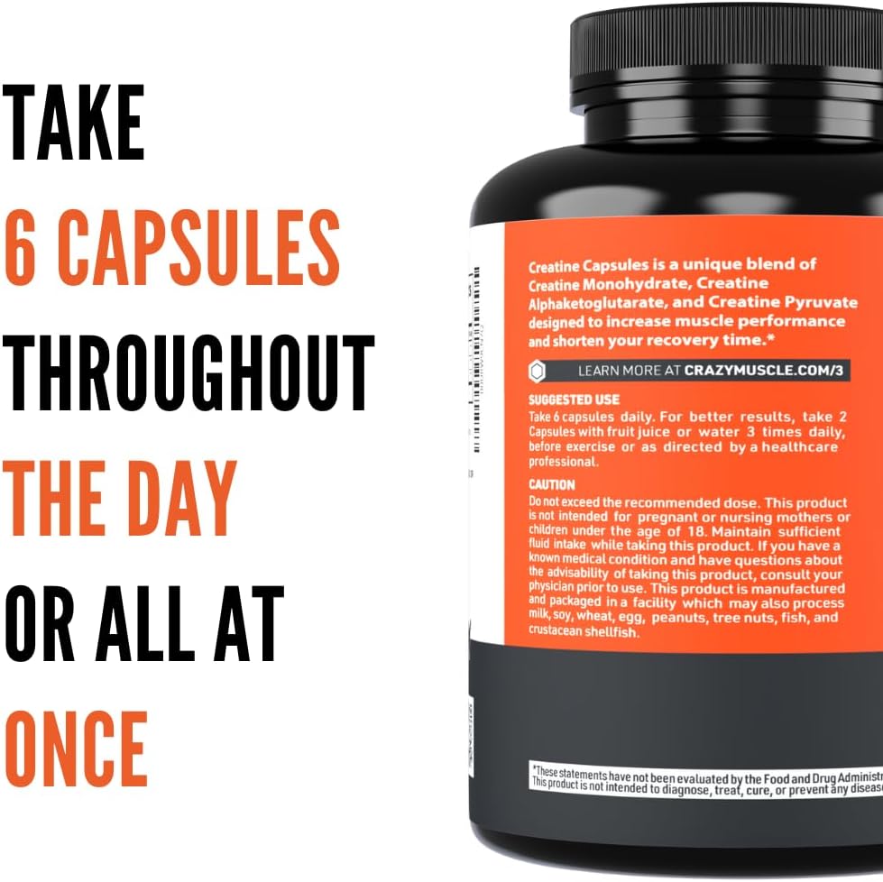 Crazy Muscle Creatine Capsules, 5g of Premium 3X ThreeAtine Pre Workout Bulk Mass Gainer, High Absorption Easy to Take Creatine Monohydrate, Optimum Performance for Men Women, 360 Capsules