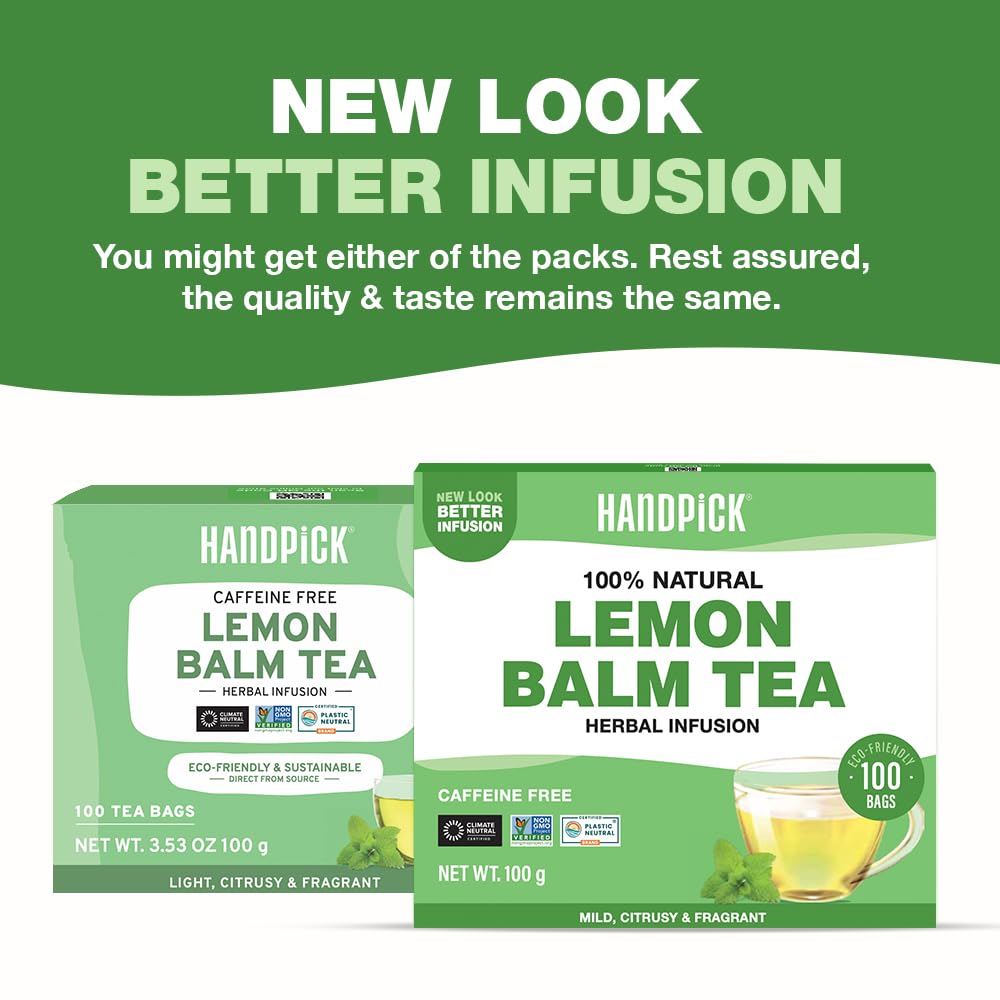 HANDPICK Lemon Balm Tea Bags – 100 Count | 100% Pure & Naturally Dried | Caffeine-Free Herbal Tea with Citrus Flavor & Aroma | Premium Lemon Balm Leaf for Calming and Digestion Support