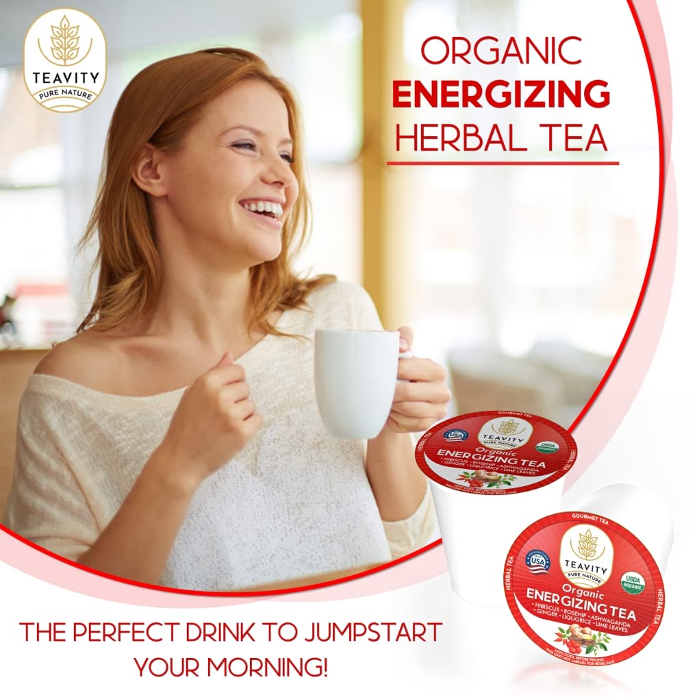 Organic Ashwagandha Tea Pods for Keurig with Ginger, Licorice, Organic Hibiscus Sabdariffa, Rosehip, & Lime - Decaf Herbal Tea - Energizing Tea by Teavity (24 Tea Pods)