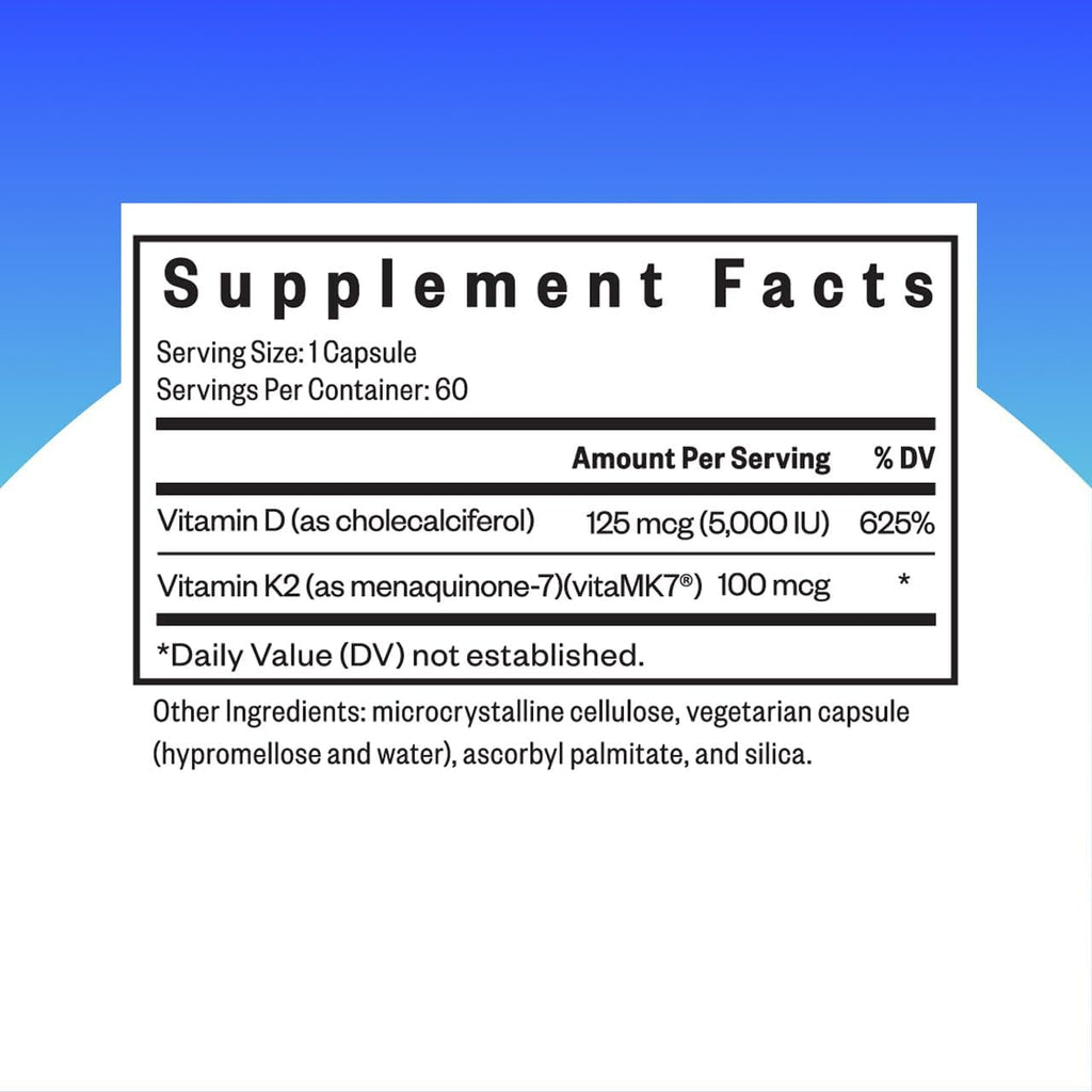 Vitamin D3 + K2 | 5000 IU of D3 (as cholecalciferol) for Optimal Calcium Absorption | 100 mcg of K2 (as menaquinone-7) for Circulatory Health | Supports Bone & Immune Health | 60 Vegetarian Capsules