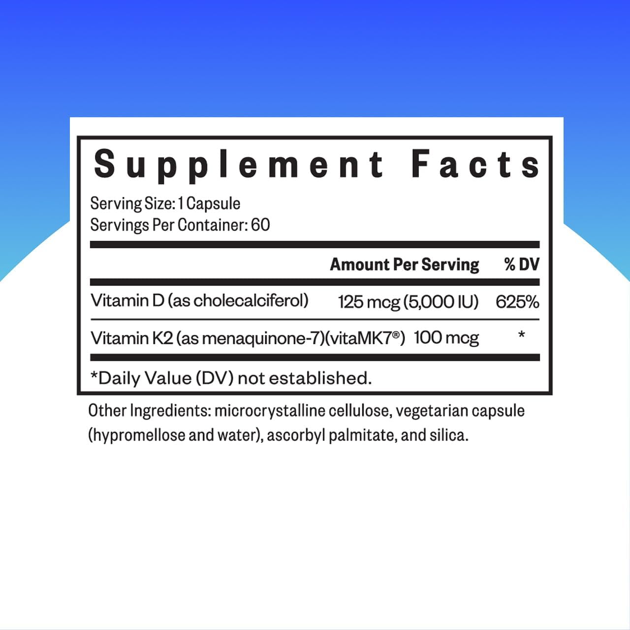 Vitamin D3 + K2 | 5000 IU of D3 (as cholecalciferol) for Optimal Calcium Absorption | 100 mcg of K2 (as menaquinone-7) for Circulatory Health | Supports Bone & Immune Health | 60 Vegetarian Capsules