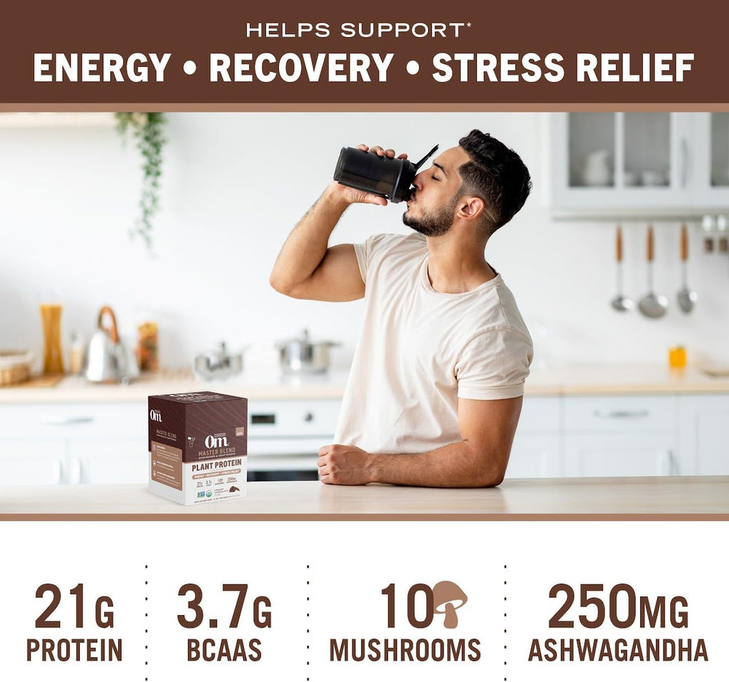 OM MUSHROOM SUPERFOOD Master Blend Mushrooms & Adaptogens, Creamy Chocolate Plant Protein, Single Serve, 10 Count, 10 Mushroom Complex, Lion's Mane, Ashwagandha, Stress Relief, GLP-1 Support