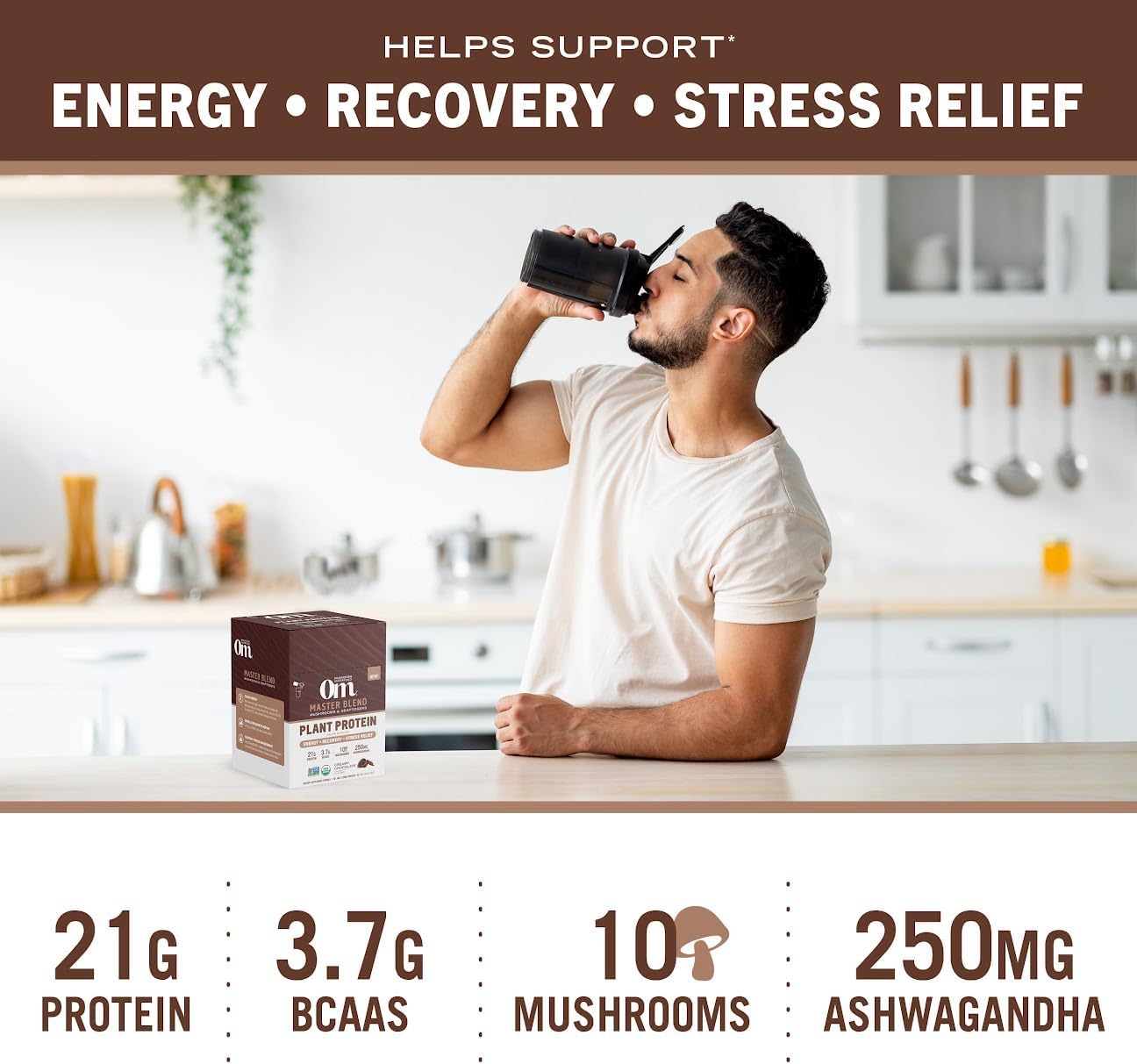 OM MUSHROOM SUPERFOOD Master Blend Mushrooms & Adaptogens, Creamy Chocolate Plant Protein, Single Serve, 10 Count, 10 Mushroom Complex, Lion's Mane, Ashwagandha, Stress Relief, GLP-1 Support
