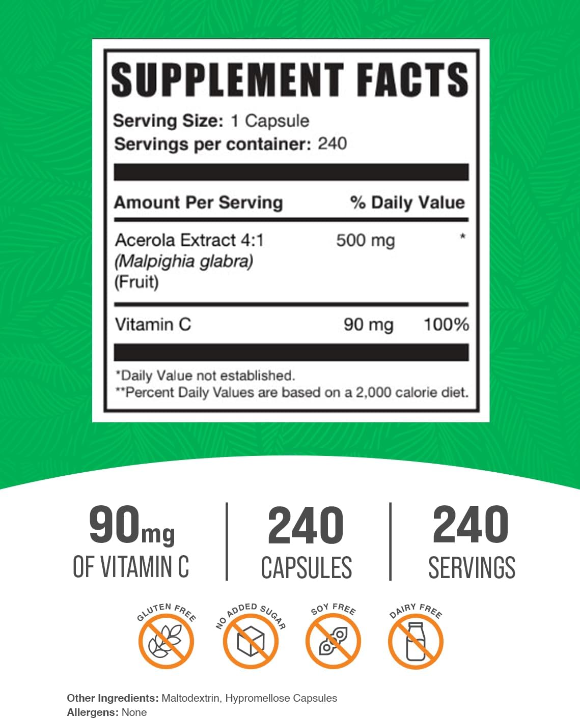 BulkSupplements.com Vitamin C from Acerola Cherry Capsules - Acerola Cherry Vitamin C Supplement - Gluten Free, 1 Capsule per Serving, 240 Veg Capsules (Pack of 1)