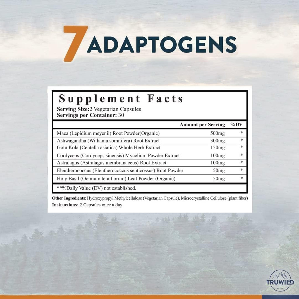 TruWild Adaptogens Vegan Capsule Supplement w/Ashwagandha + Maca w/Full Spectrum Mushrooms – All Natural – 40 Servings