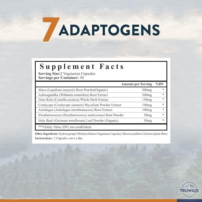 TruWild Adaptogens Vegan Capsule Supplement w/Ashwagandha + Maca w/Full Spectrum Mushrooms – All Natural – 60 Servings
