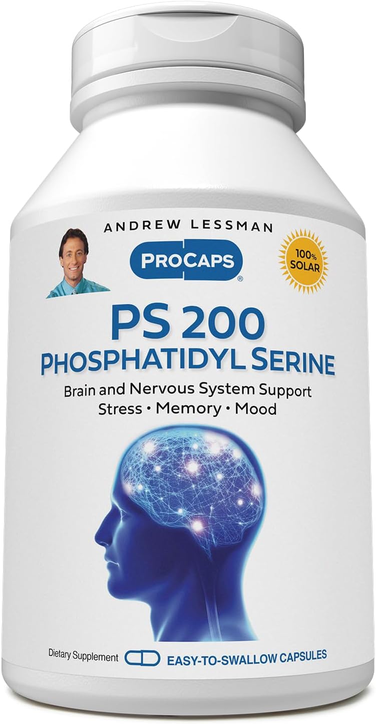 ANDREW LESSMAN PS 200 Phosphatidyl Serine 120 Capsules - Supports Mental Clarity, Positive Mood, Memory, Cognitive Function. Essential for Neurotransmitter Production and Release. No Additives