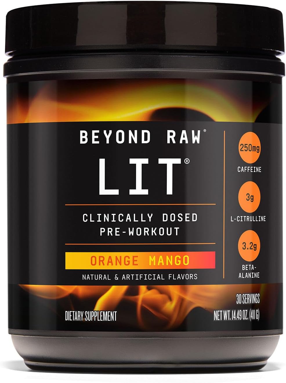 BEYOND RAW LIT Pre Workout Powder Supplement for Men and Women, Energy, Focus, Endurance, Pumps, Nitric Oxide Boost, 250mg Caffeine, Creatine, Beta Alanine, Orange Mango, 30 Servings