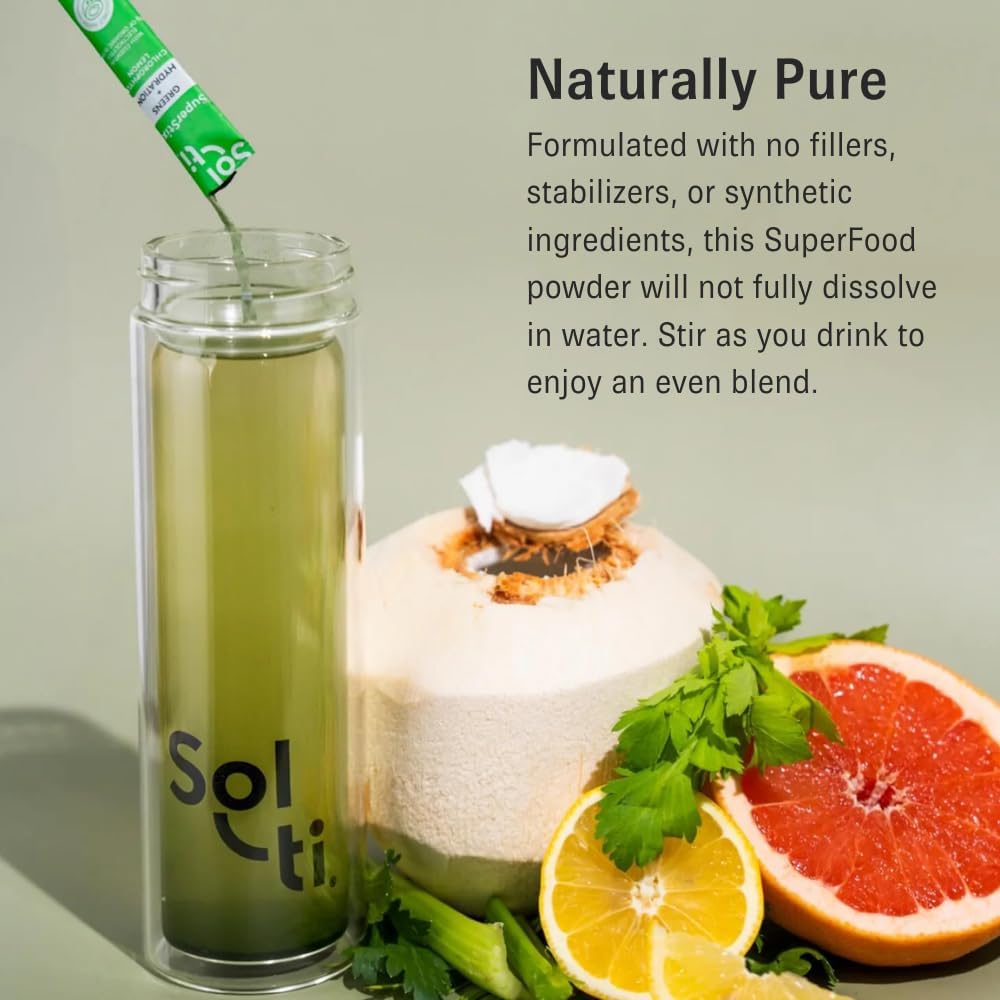 Sol-ti Organic Electrolyte Greens + Hydration Drink Mix, Superfood Hydration Sticks, SuperStix, Non-GMO, Vegan, Chlorophyll Lemon, 14 Sticks