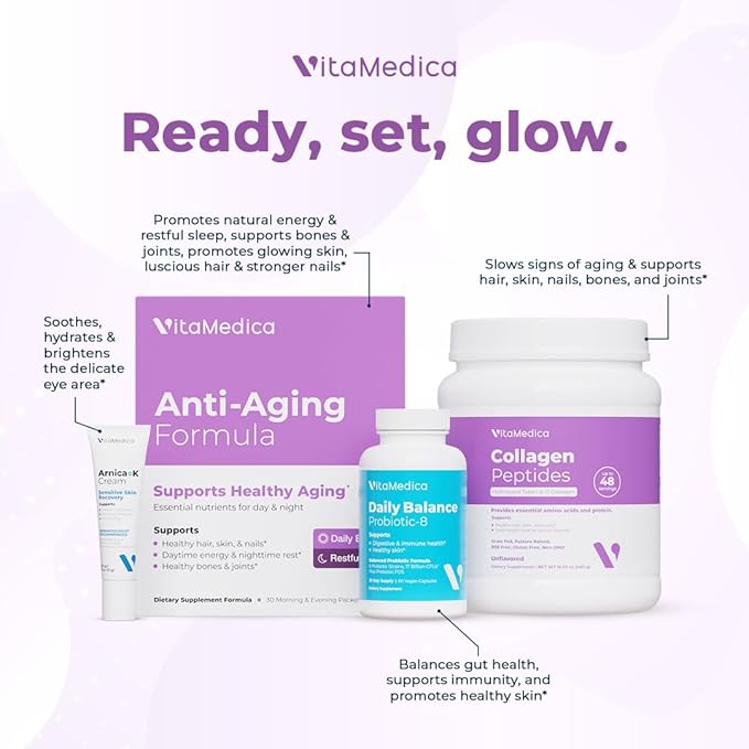 VitaMedica Anti-Aging Formula AM/PM Multivitamin Packets for Women & Men – Supports Radiant Skin, Hair & Nails, Daytime Energy + Nighttime Recovery – 30 Packs