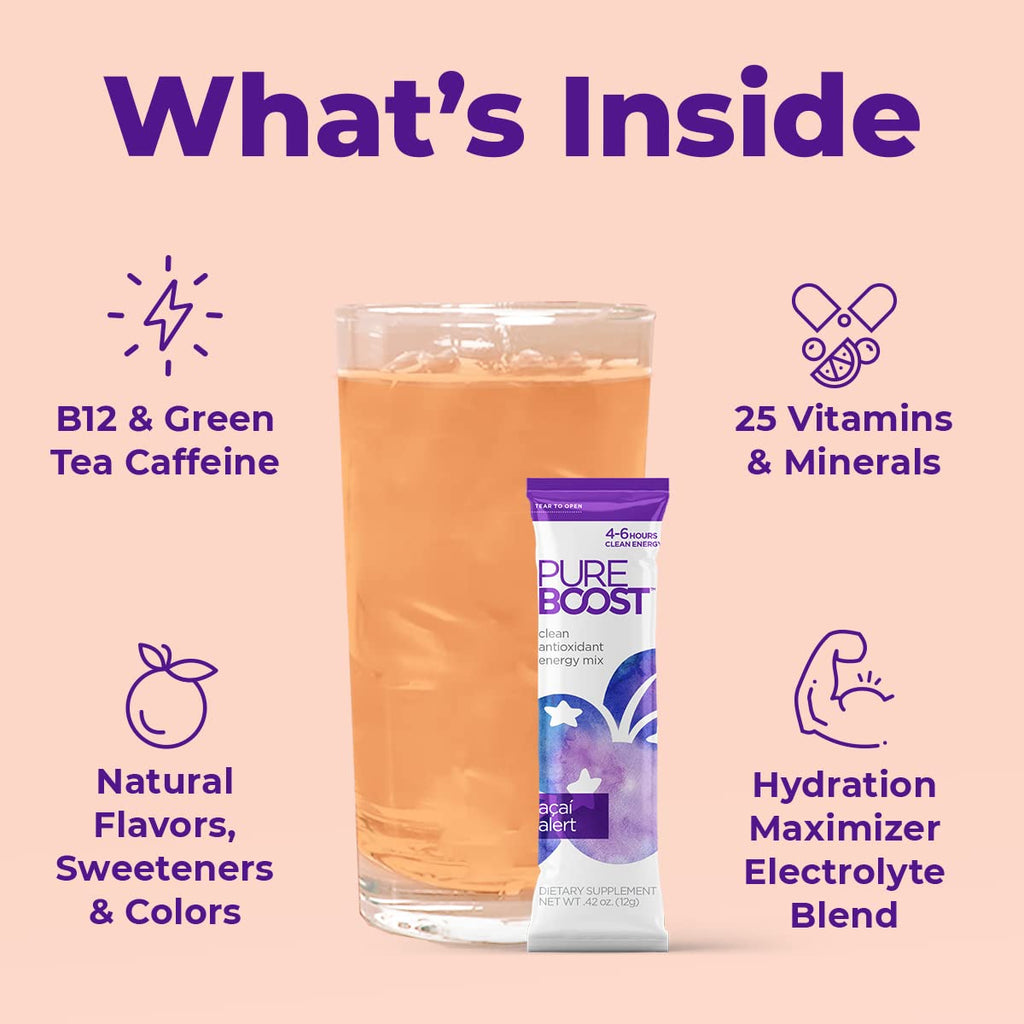 Pureboost Clean Energy Booster, Refreshing Energy Drink Mix with B12 Vitamins, Electrolytes, Antioxidants, Sugar-Free with No Sucralose (Acai Alert, 30 Count)